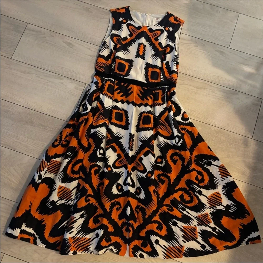 LK Bennett Orange and Black Geometric Midi Dress - Picture 3 of 5